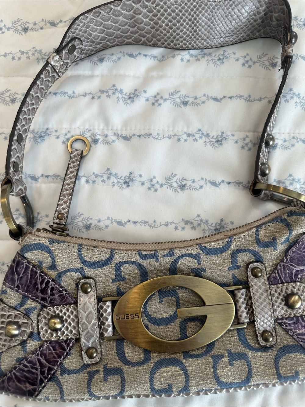 GUESS Blue Logo Jacquard Shoulder Bag with Gray Snakeskin Trim